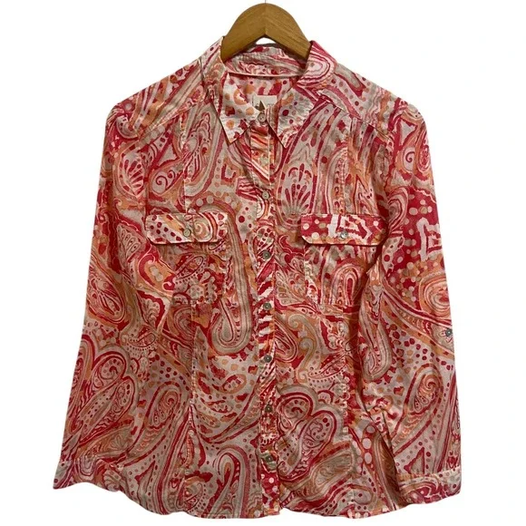 Chico's Coral Pink Paisley Button Up Shirt Resortwear Coastal Boho Size 2 Large - Picture 2 of 13